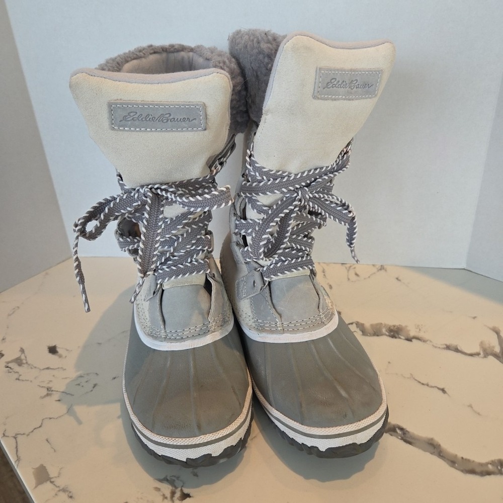 Eddie Bauer Women's Hunt Pac Thermafill Winter Boots Fur Suede Beige Size 7 - Picture 2 of 16